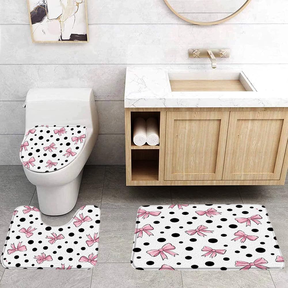 3 PC Pink Bow Black Polka Dot Bath Mat Set, Classic Simple Design