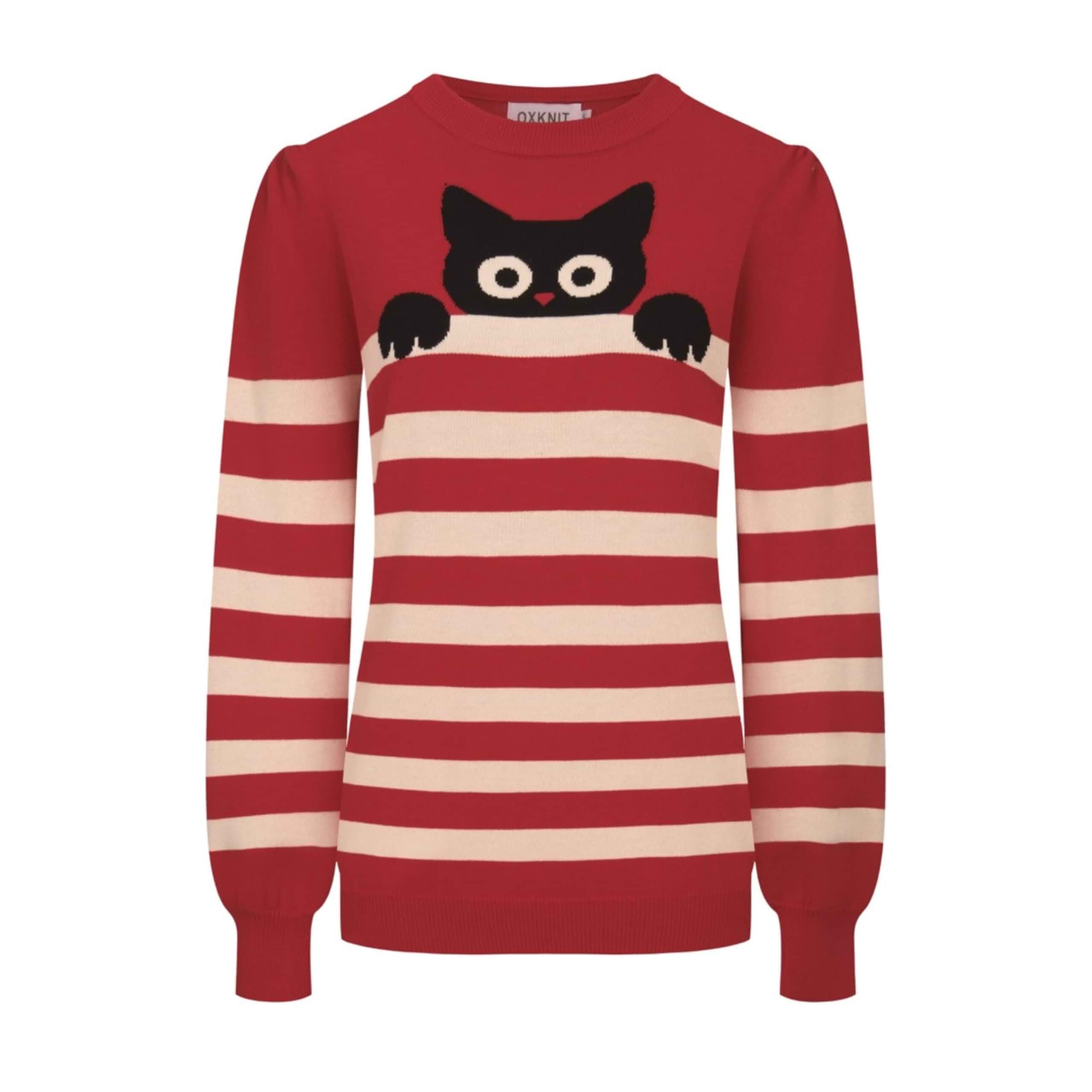 OXKnit Women’s Knit Long Sleeves Sweaters, Retro Black Cat Pattern Red Beige Crewneck Bubble Sleeves Pullovers Tops Long Sleeve