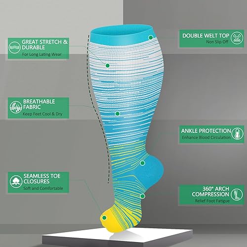 Miniatura 5 de Paquete de 3 calcetines de compresión de talla grande para mujeres y hombres, 15-20 mmHg extra anchos hasta la rodilla para soporte de circulación