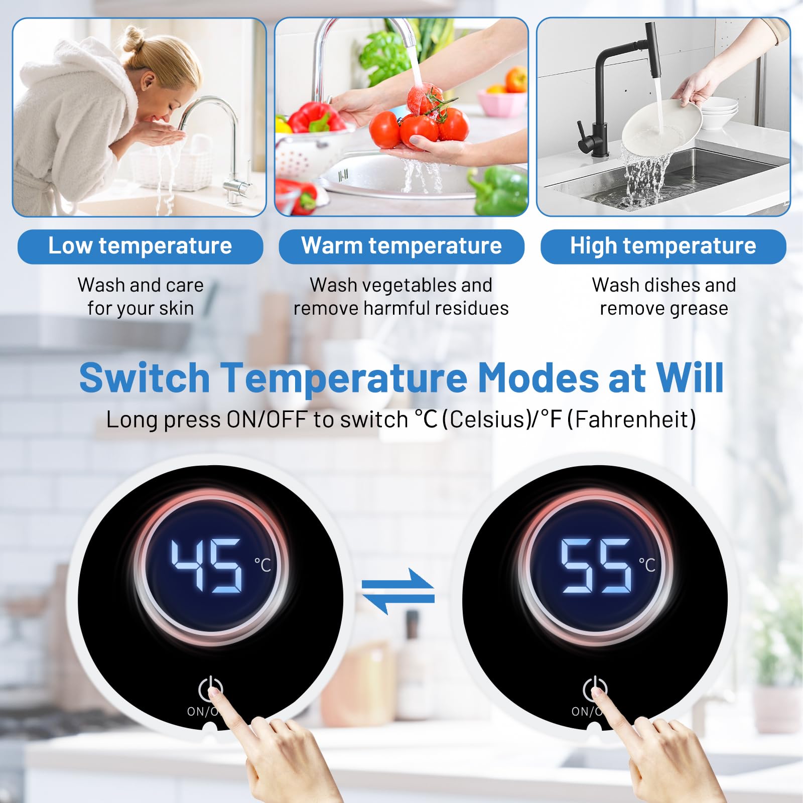 Mini Durchlauferhitzer, 3800W 220V Elektrische Warmwasserbereiter Druckfester Untertischspeicher mit LCD-Temperaturanzeige, Elektronisch Geregelter Durchlauferhitzer für Dusche, Badezimmer, Küche