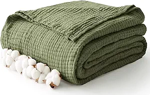 100% Cotton Muslin Blanket Twin 66" x 90", Breathable and Lightweight Twin Blankets for Couch, Soft Cooling Summer Gauze Blanket for Adults All Season, Olive Green