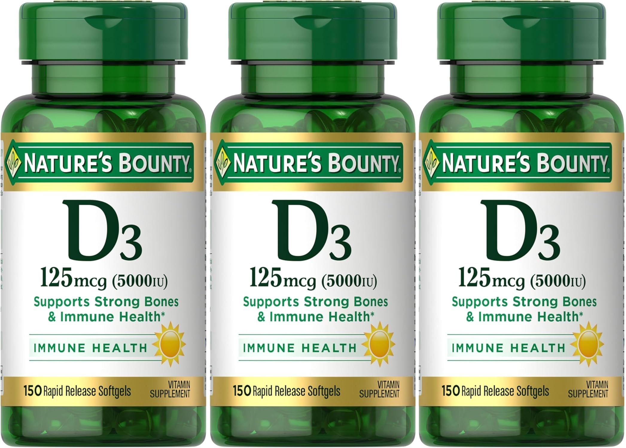 Nature's Bounty Vitamin D3 125 mcg-5000 IU Softgels, Maximum Strength 150 ea ( Pack of 3) 150 Count (Pack of 3)