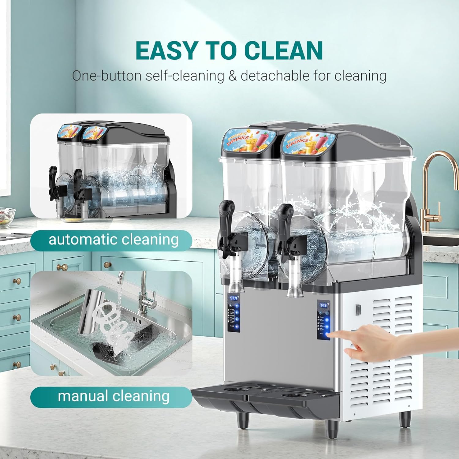 Mirfee Slushy Machine showing automatic and manual cleaning methods