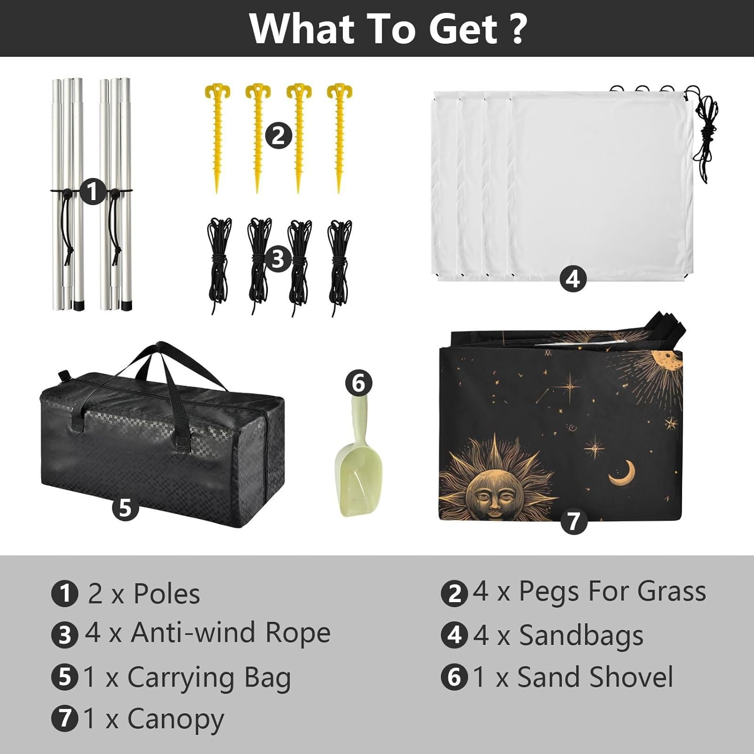 ALAZA Sun Moon Stars Astrology Beach Tent Sun Shelter UPF50+ Protection Beach Shade Canopy w/ 4 Sandbags for Outdoor Camping, Fishing, Backyard Fun, Picnic, 10x9 ft