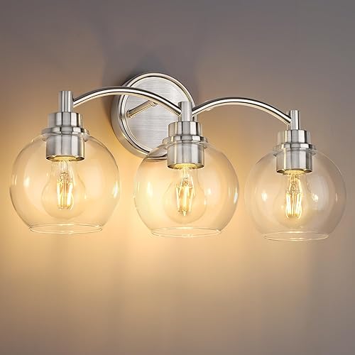 Miniatura 6 de Lámpara de baño de 3 luces, lámpara de tocador de níquel cepillado sobre el espejo, aplique de pared de vidrio globo, ZCVL02BN-3