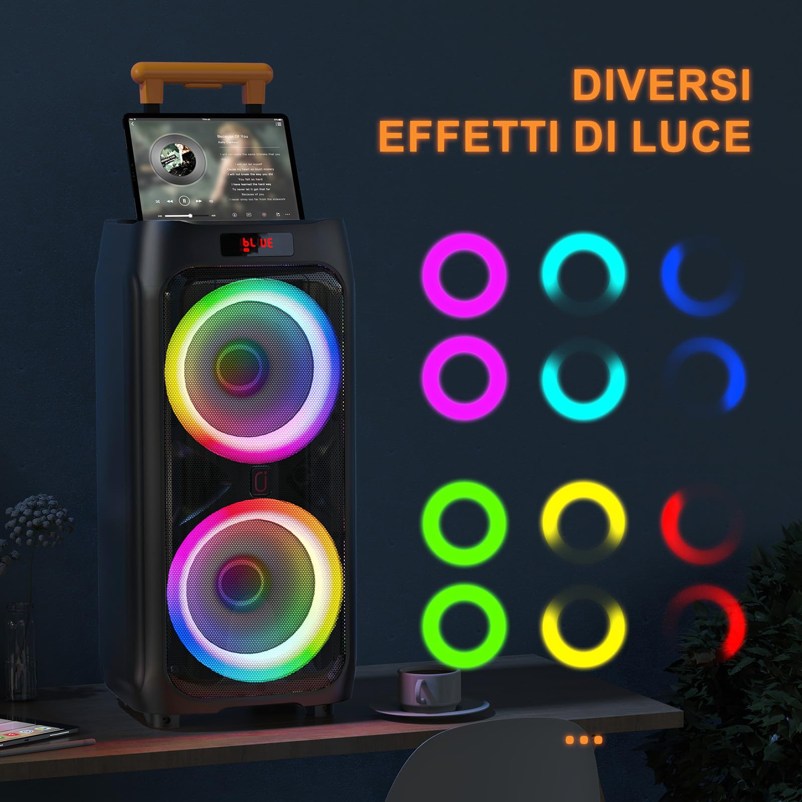 HWWR Karaoke con 2 Microfoni Wireless per Adulti, Altoparlante Bluetooth da 8" con potenza di picco di 500W, Sistema PA con Luce Discoteca LED, Ruote Rotanti e Carrello, Perfetto per Casa all'Aperto