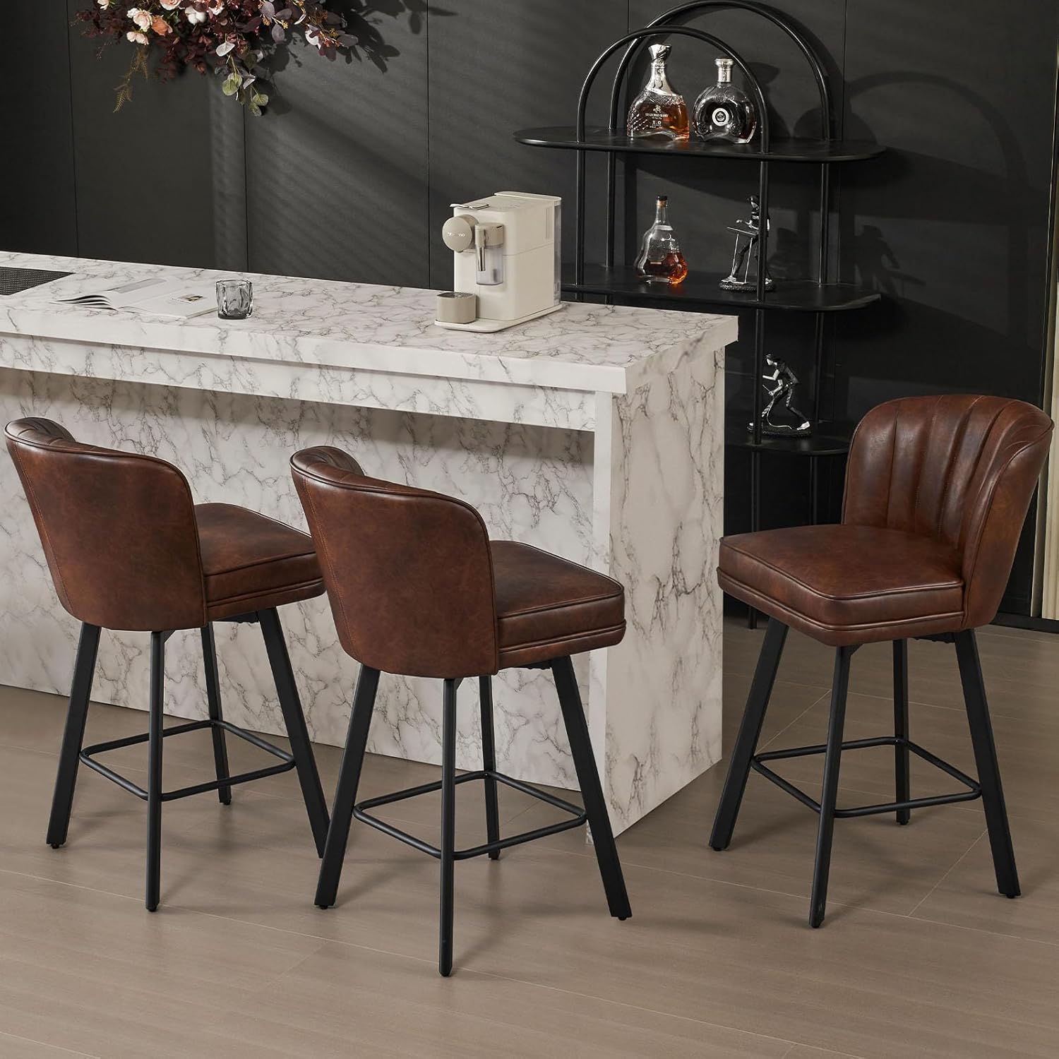 SAECKBERG Swivel Counter Height Bar Stools Set of 2, 26'' Modern Barstools with Backs and Metal Legs, Upholstered Bar Chairs, Faux Leather Brown Stools for Kitchen Island Chairs