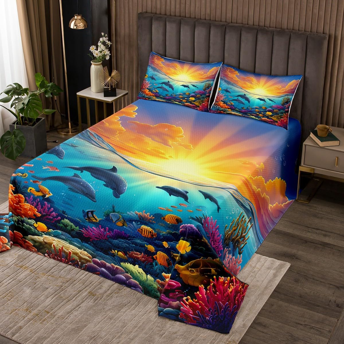 jejeloiu Starfish Bedspread Twin Size Summer Ocean Sea Coverlet Set Marine Purple Quilted Coverlet for All Season with 1 Pillowcase Microfiber Lightweight