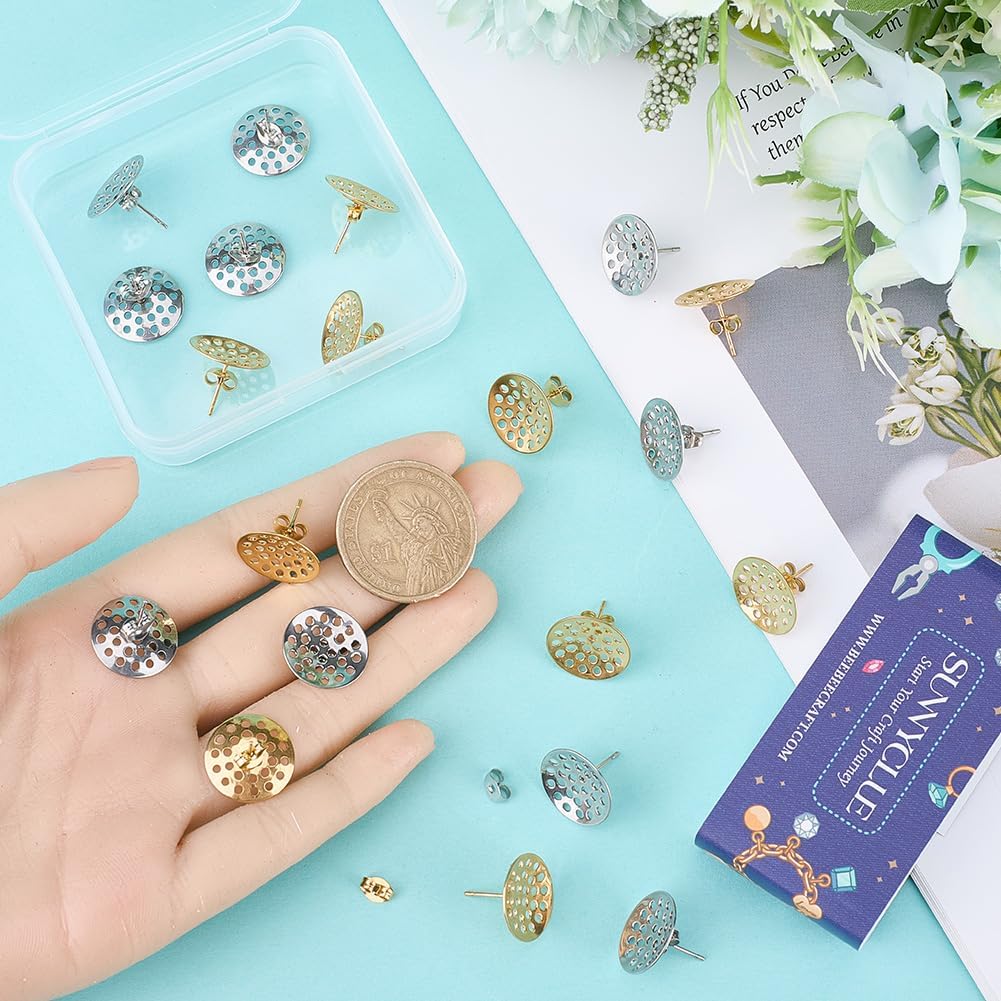 SUNNYCLUE 1 Box 20Pcs Earring Stud Finding 304 Stainless Steel Earring Posts Bulk Gold Silver Metal Flat Round Earrings Studs with Sieve Base Ear Nuts Backs for Jewelry Making DIY Crafts Supplies - Image 3