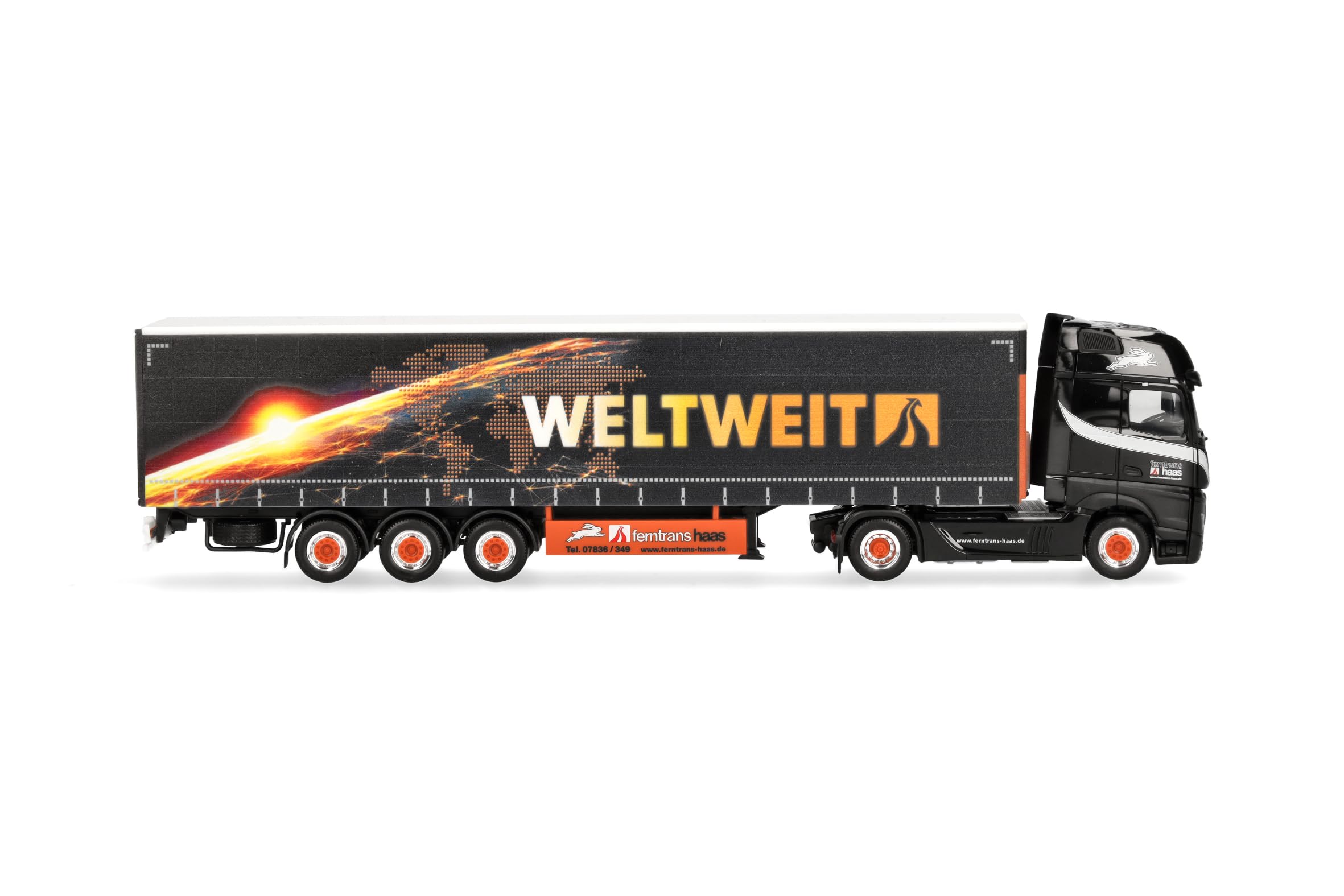 Herpa modèle réduit Camion Mercedes-Benz Actros L 18 Gigaspace Semi-remorque bâchée « Ferntrans Haas/weltweit », Miniature à l’échelle 1:87, pièce de Collection, Made in Germany, Plastique - 3