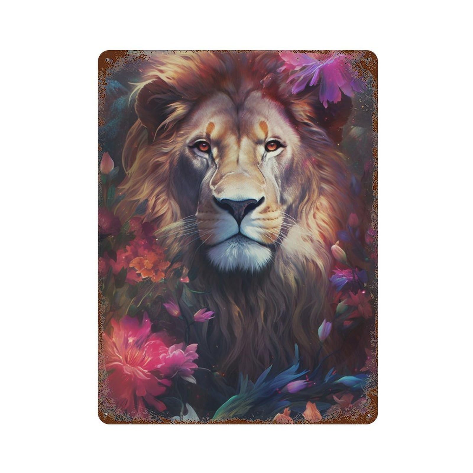 Vintage Metal Tin Sign Fantasy Lion with Flowers 15.7"x11.8", Classic Wall Plaque for Farmhouse, Kitchen And Entryway Decor