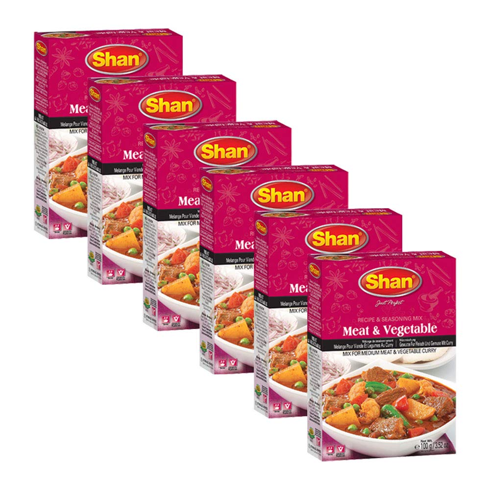 Shan Meat & Vegetable Recipe Mix 3.52 oz (100g) - Indian Masala Powder for Authentic Vegetable Curry and Medium Meat Dishes - Vegetarian-Friendly, Airtight Bag, Indian Spices for Seasoning (Pack of 6)