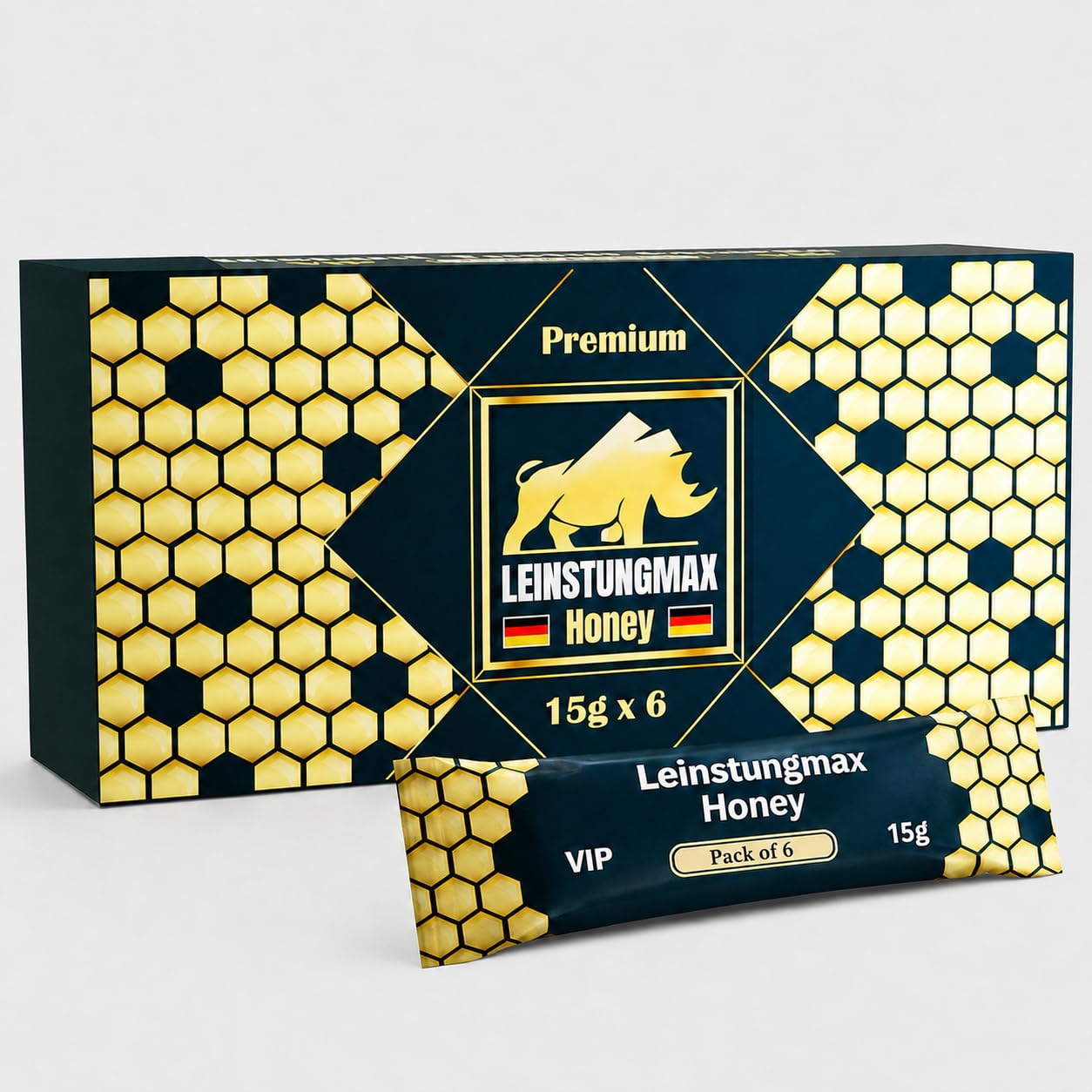 Leinstungmax Miel – Complément alimentaire avec miel; ginseng; extraits de plantes et vitamines B1 + B2 | 6 sachets unidoses de 15 g pour hommes actifs