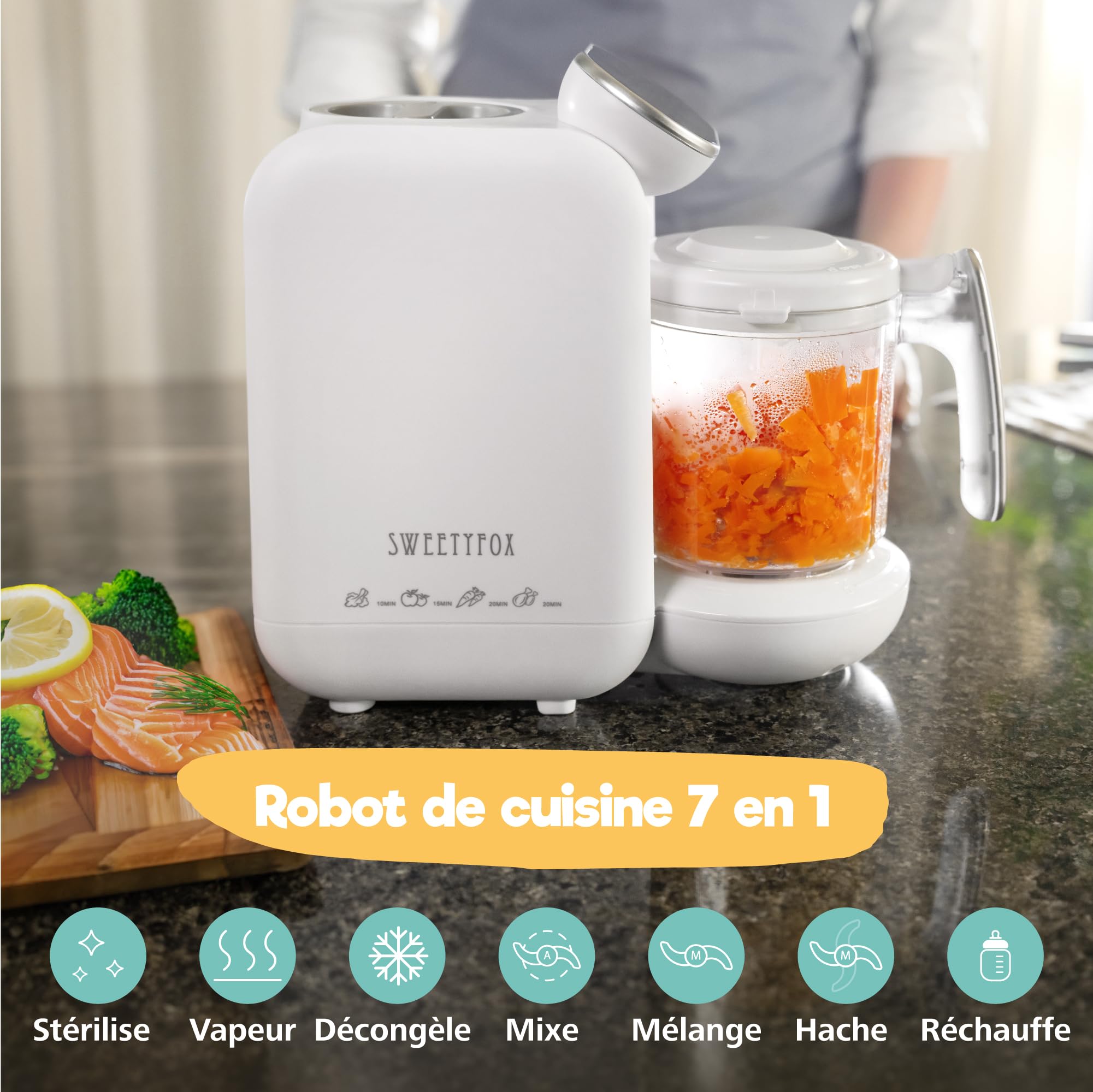 Sweety Fox - Cuiseur Mixeur Bebe - 7 Fonctions - Vapeur, Mixeur, Pulse, Nettoyable, Stérilise, Réchauffe, Décongèle - Robot Cuiseur Bebe
