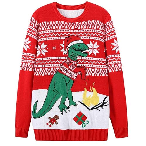 MyFav Men's Ugly Christmas Sweater Holiday Party Knitted Pullover Xmas Sweater - 3X-Large - Dinosaur