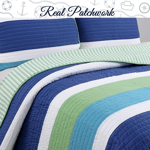 Miniatura 2 de Cozy Line Home Fashions Waylon - Juego de edredón reversible a rayas 100% algodón, color azul marino, verde y blanco, colcha (azulverde, individual,