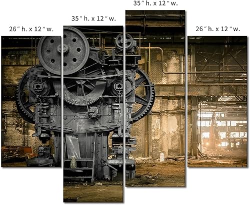 Miniatura 9 de Pintura de 4 paneles firma metalúrgica esperando una máquina demoledora pintura de fábrica antigua en lienzo pintura para la decoración del hogar
