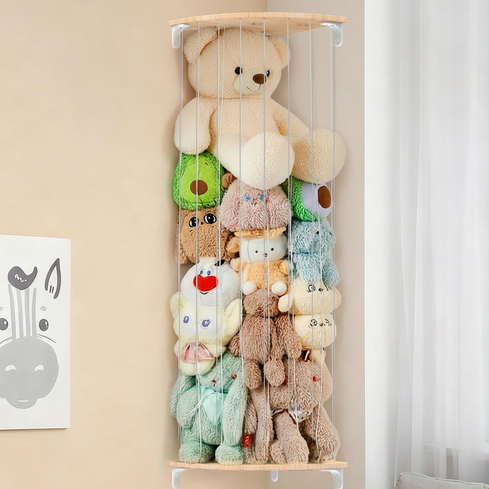 SUNMON Stuffed Animal Storage Corner Toy Organiser - Adjustable Height Wooden Wall Shelf with Transparent Elastic Cords, Soft Toy and Teddy Bear Holder for Kids Bedroom, Nursery & Playroom