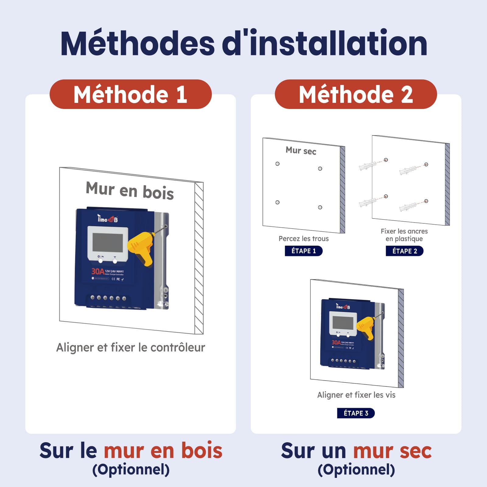 Timeusb 12V/24V 30A MPPT Régulateur de Charge Solaire pour Batterie Lithium | Reconnaissance Automatique 12/24V & Efficacité de Suivi à 99%,Contrôleur avec Écran LCD pour Plomb-Acide