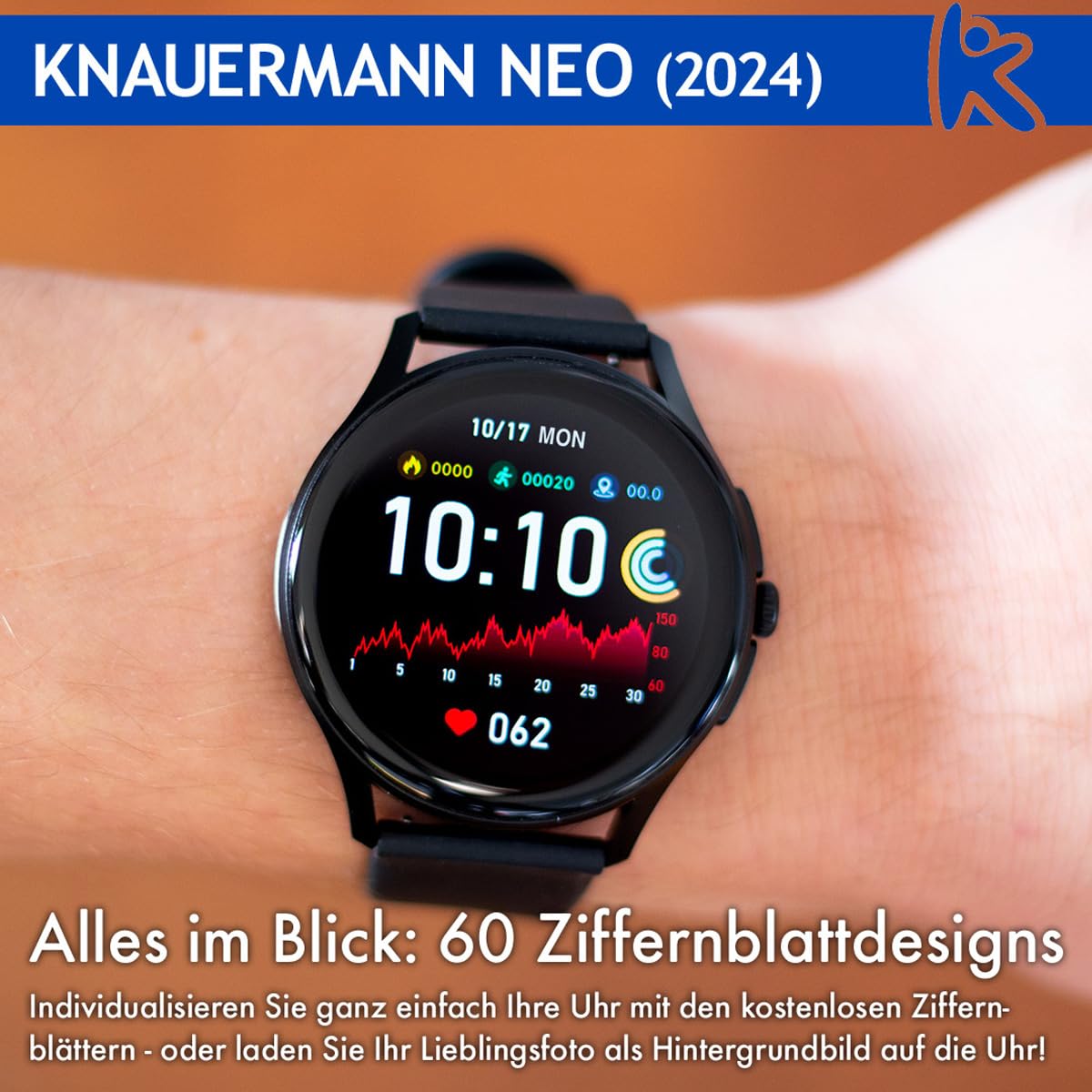 Knauermann Neo (2024) Gold Rund - Gesundheitsuhr Smartwatch - EKG + HRV Funktion - BT Bluetooth - Schlafapnoe - Blutdruck - Silikonband Schwarz, 14-24
