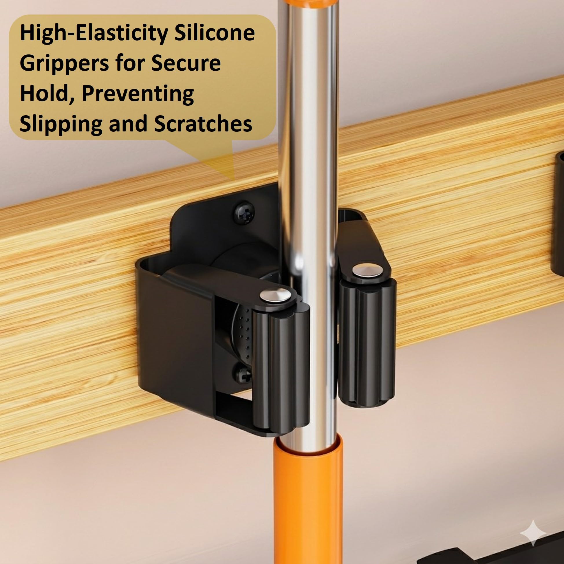 Soporte para escoba montado en la pared con estante, organizador de herramientas de limpieza de metal resistente, estante de almacenamiento al vacío con ganchos para cocina, baño, lavadero