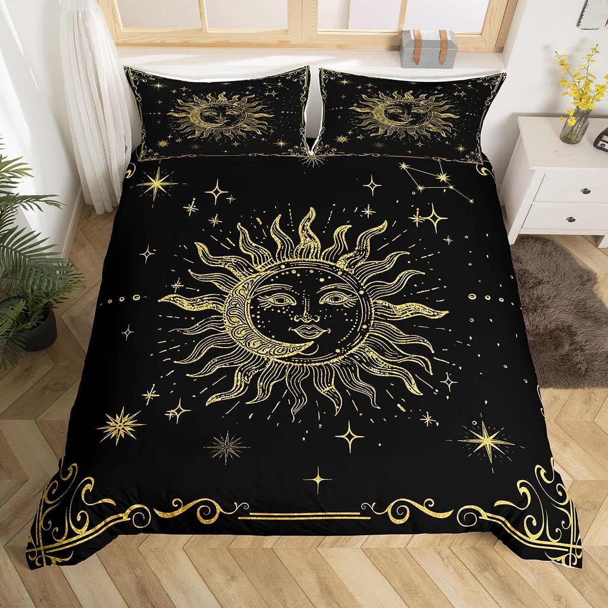 Erosebridal Boho Mandala Duvet Cover Full Celestial Sun and Moon Bedding Set Space Gold Stars Moon Comforter Cover for Kids Boys Girls Teens Galaxy Stars Quilt Cover with 2 Pillow Cases Bedroom Decor