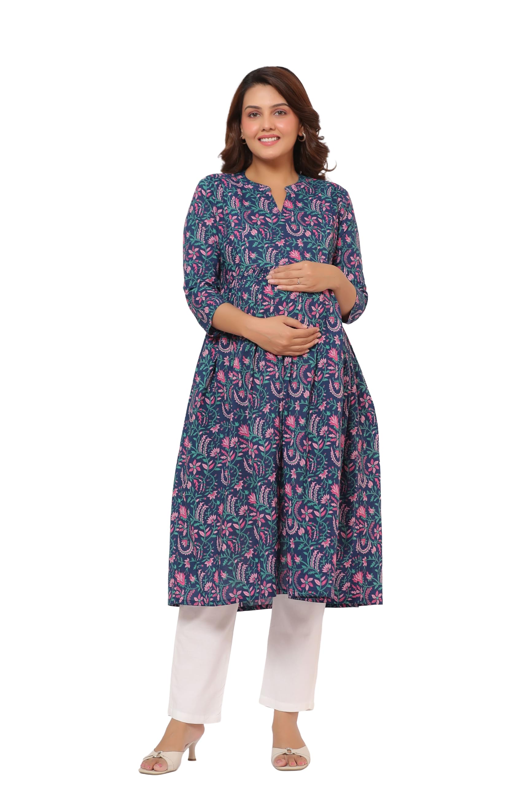 Pre & Post Maternity/Nursing Wear Hand Printed Kurta Cum Midi Dress/Nighty with Both Sides Zipper Easy Feeding to Be Moms & Nursing Mothers Cotton Vintage Blue Floral-image-25