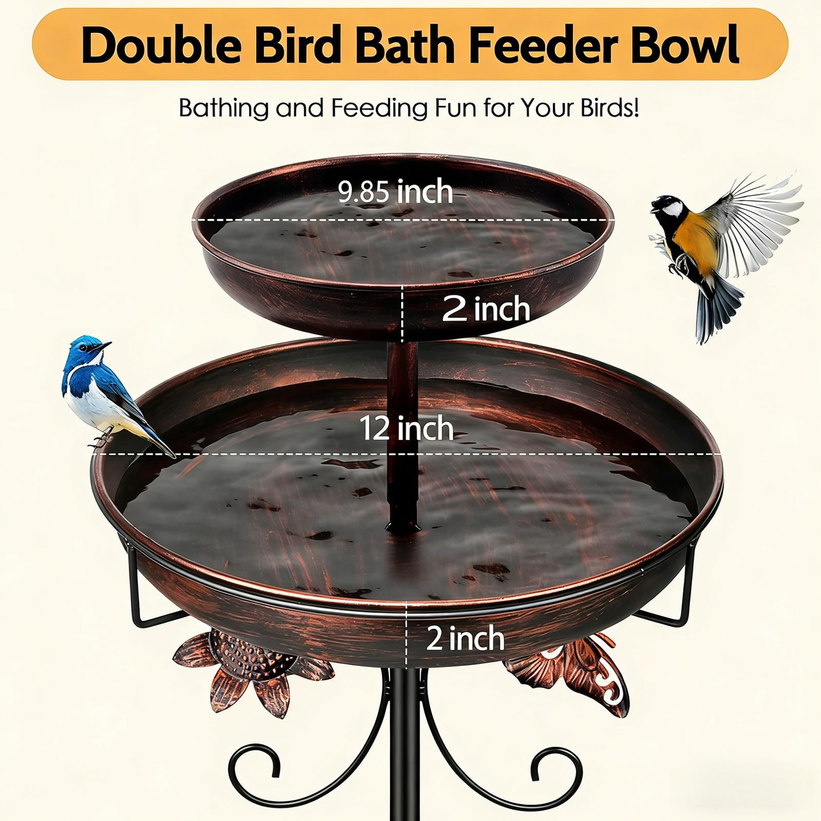 Comedero de baño para pájaros con doble cuenco, resistente, resistente a la intemperie, fácil de montar, para los amantes de las aves de pie