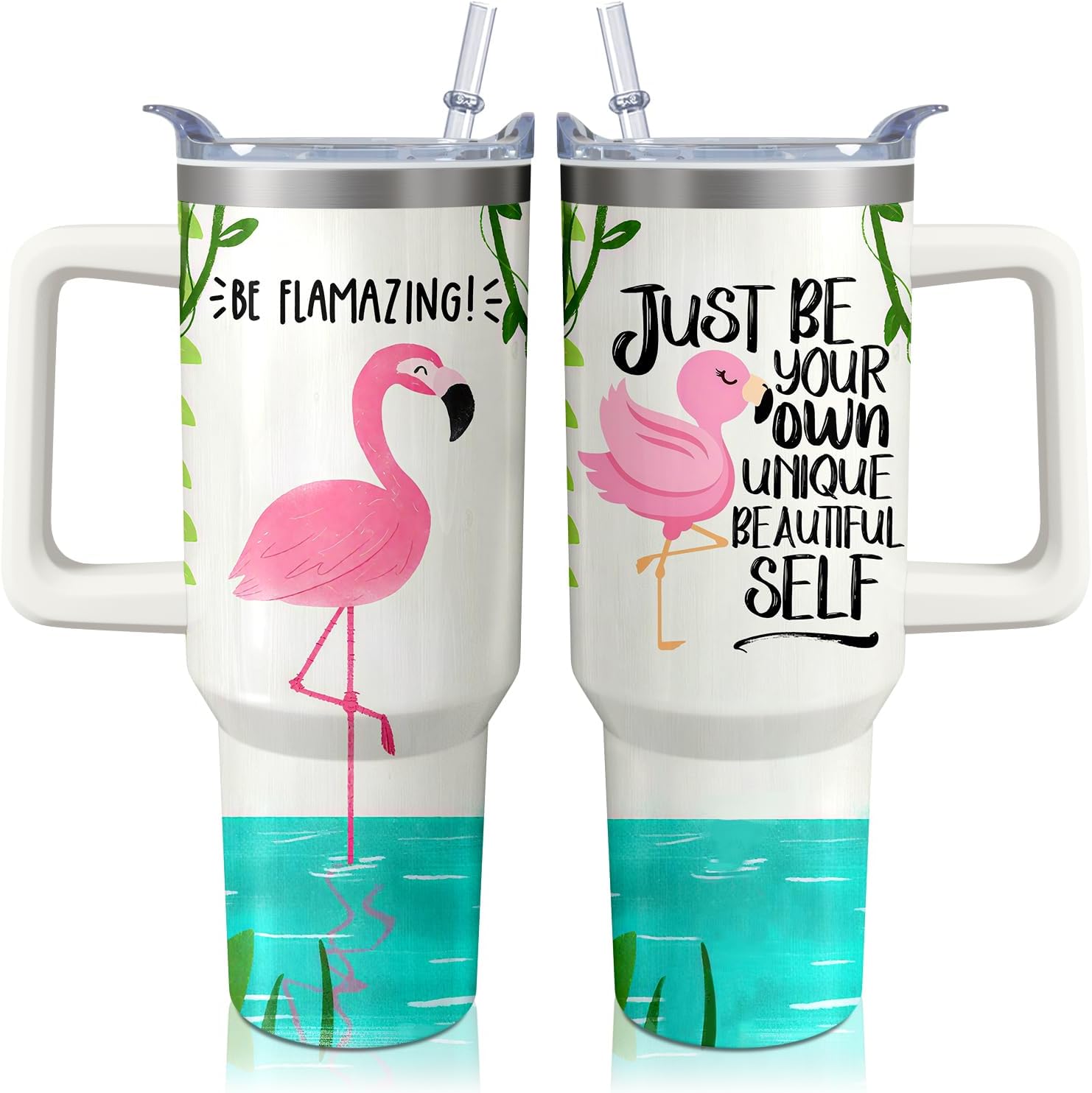 40oz Cute Flamingo Tumbler with Handle and Straw, Animal Lovers Gifts for Women Men, Stainless Steel Travel Mug Water Bottle, Vacuum Insulated Cup with Lid