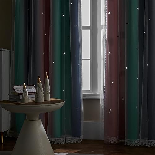 Miniatura 122 de XiDi - Cortinas rosas y grises para dormitorio de niñas, calcomanías de pared de unicornio, cortina verde, oscurecimiento de habitación, opaca, 63