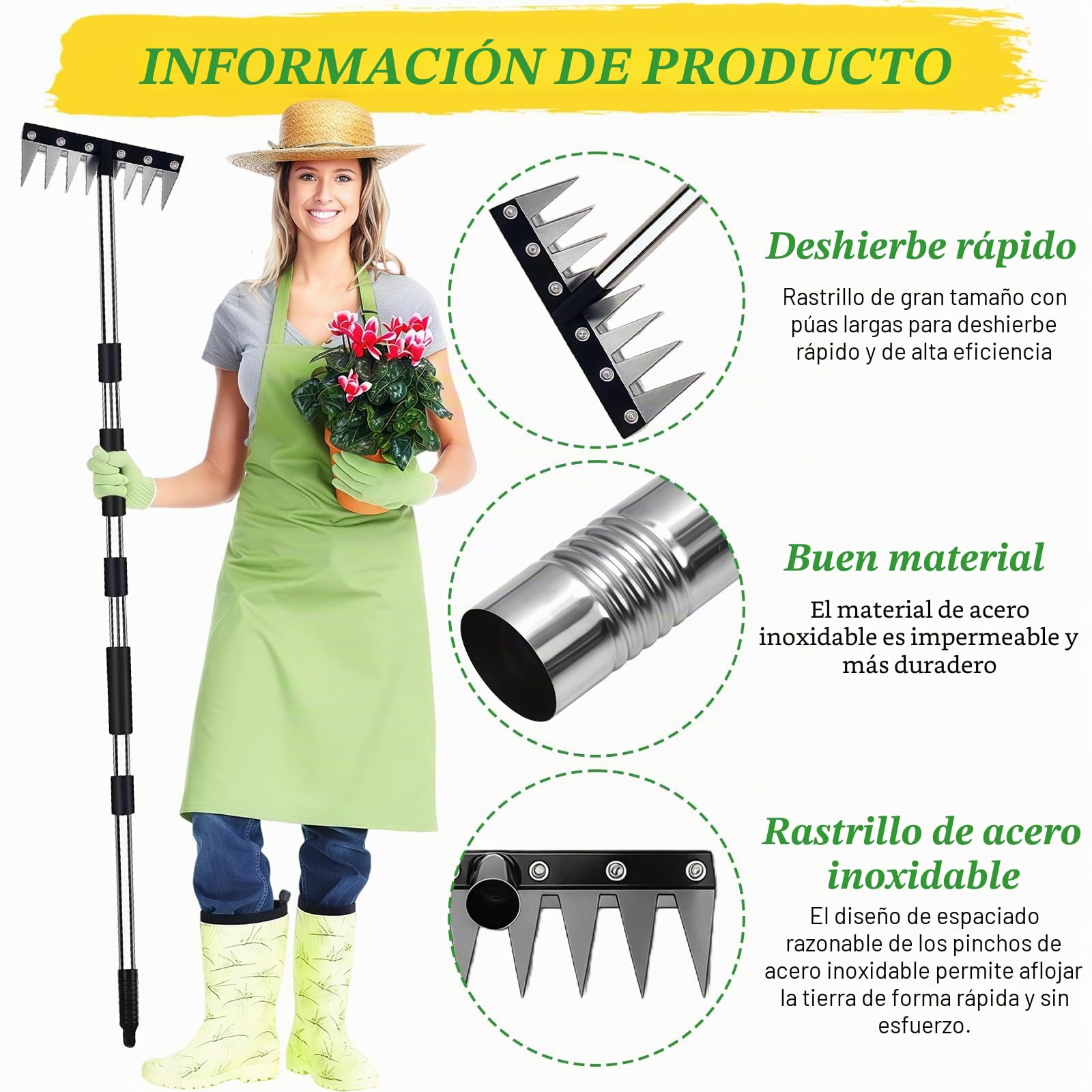 GAESHOW Rastrillo de Deshierbe con Mango Ajustable de 155 cm, Rastrillo para Malezar, Rastrillo Jardin de 8 Dientes de Acero Inoxidable para una Eficiente EliminacióN de Suelo