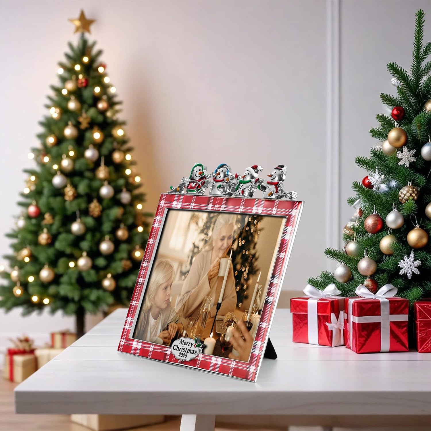 Christmas 5x7 Picture Frame Christmas Metal Display Photo Frames with White Rhinestone High Definition Glass Front Gift Ideas Tabletop Home Decorative (2025 Snowman, Red Grid)