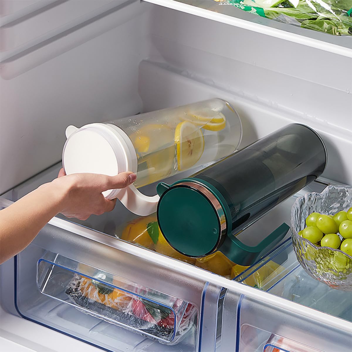 PACKOVE Jarra de Enfriamiento de Agua de Gran Capacidad 2 Litros, Resistente al Calor, Color Verde Oscuro, para Refrigerador y Uso Doméstico, Contenedor Hermético para Bebidas y Té