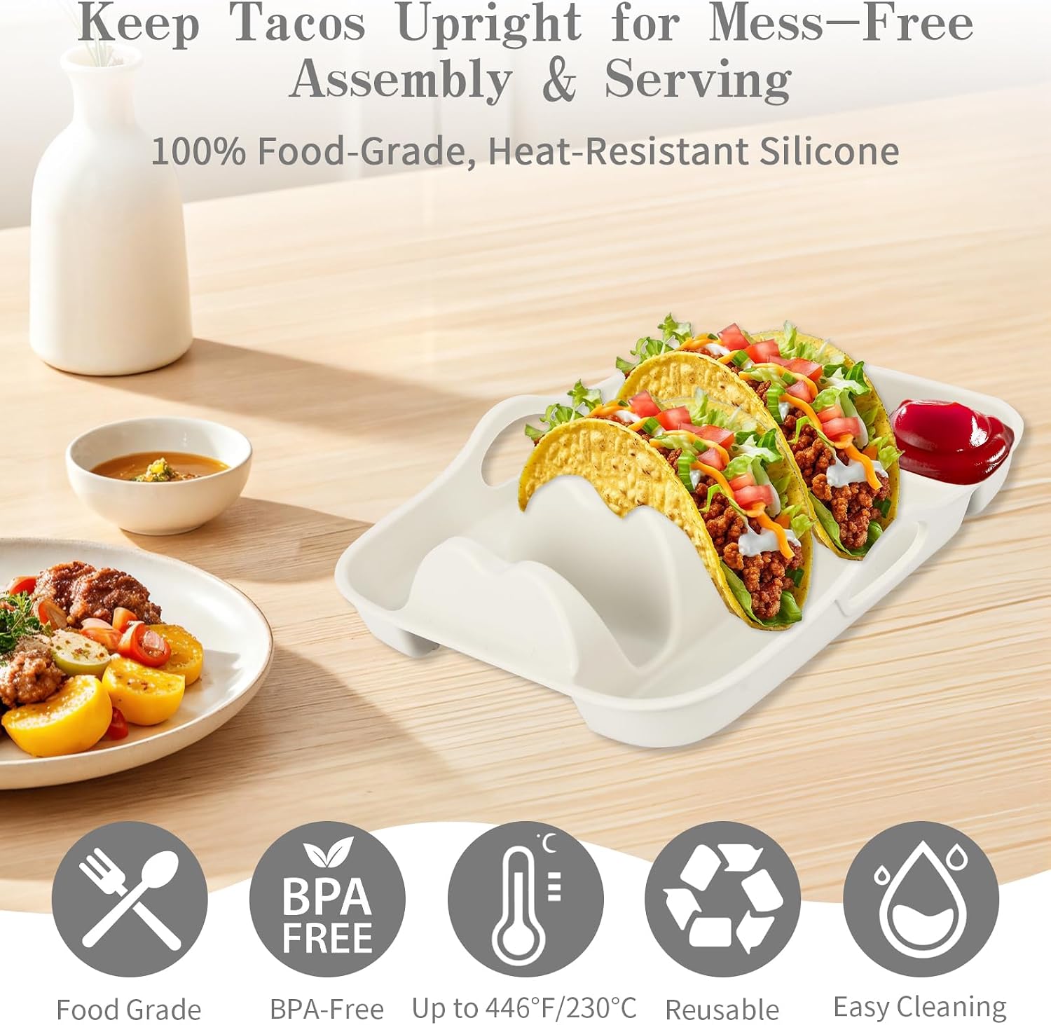 Klyrnd Silicone Taco Holder Set of 3, Reusable Taco Plate with Dividers for Hard & Soft Shells - Microwave & Dishwasher Safe Serving Stand (Blue Green Beige)