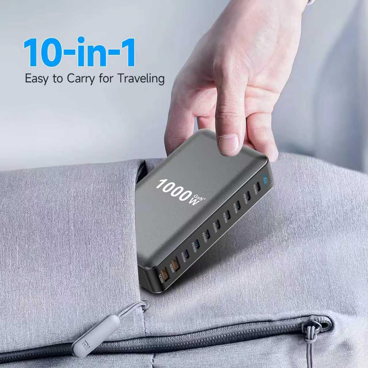 Estación de carga de escritorio de 1000 W GaN de 10 puertos con cable USB-C de 240 W, concentrador de carga rápida para portátiles, tabletas, teléfonos, consolas de juegos y auriculares