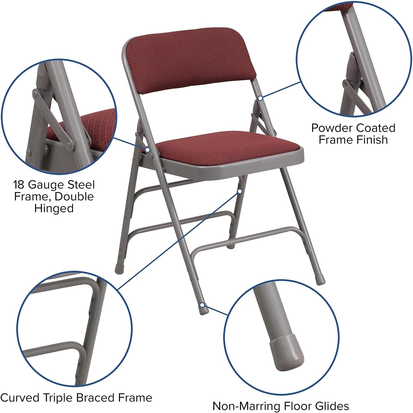 Flash Furniture 4 Pack HERCULES Series Curved Triple Braced & Double Hinged Burgundy Patterned Fabric Metal Folding Chair