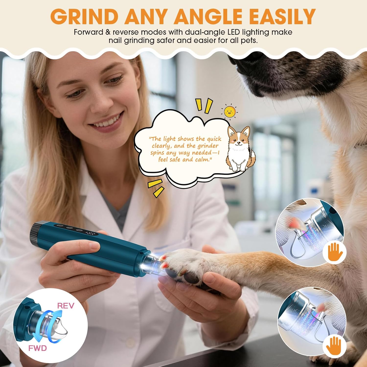 Dog Nail Grinder with LED Light, 6-Speed Quiet Electric Pet Nail Trimmers, Forward/Reverse, Powerful No-Stall Motor, 2000mAh Battery 8H Runtime, 95% Dust Capture for Dogs & Cats