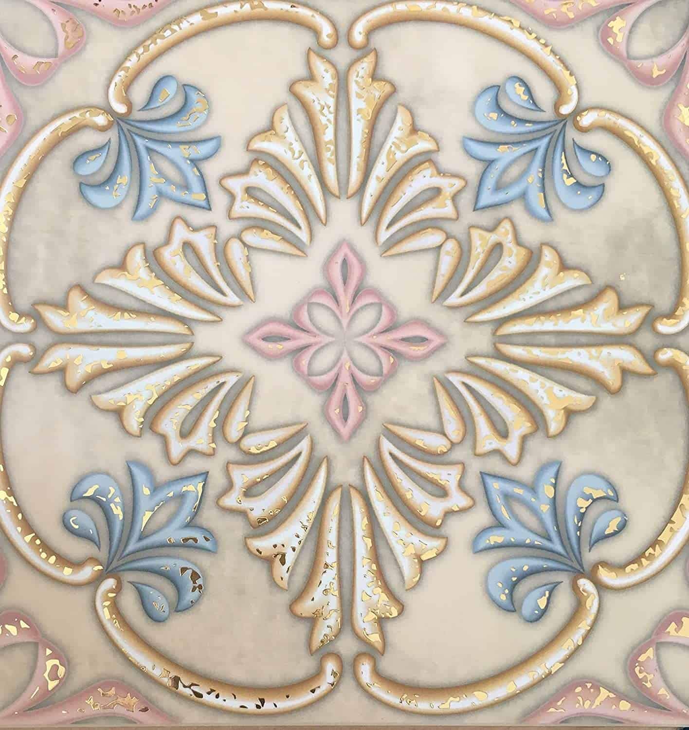Traditional Gold foil Tile Stickers Vintage Victorian self Adhesive wall Art Decor transfers Cover-Bathroom backsplash Kitchen splashbacks Moroccan Mosaic 6 x 6 Pack of 10 (Design 6)
