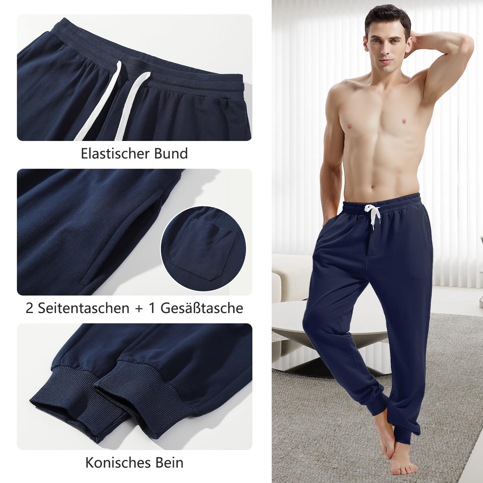 Amy Coulee Herren Jogginghose Baumwolle Jogginghose mit Taschen, Fitness-Freizeithose mit Kordelzug