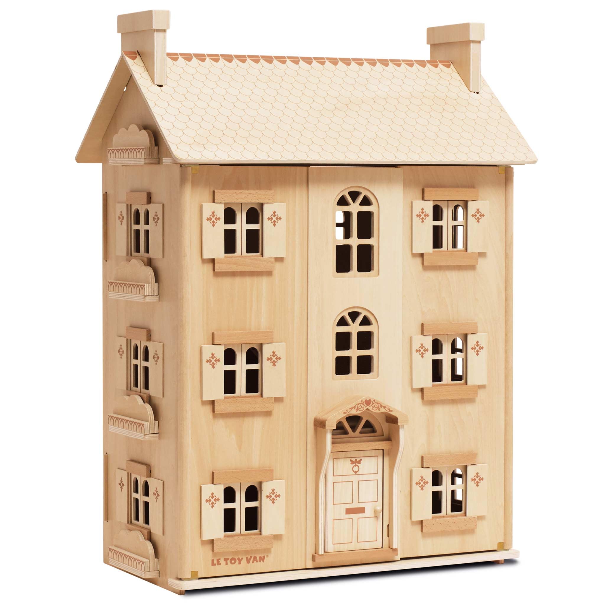 Maison de poupée en bois naturel FSC – 4 étages avec fenêtres et portes ouvertes – Jeu de rôle et de fantaisie pour enfants
