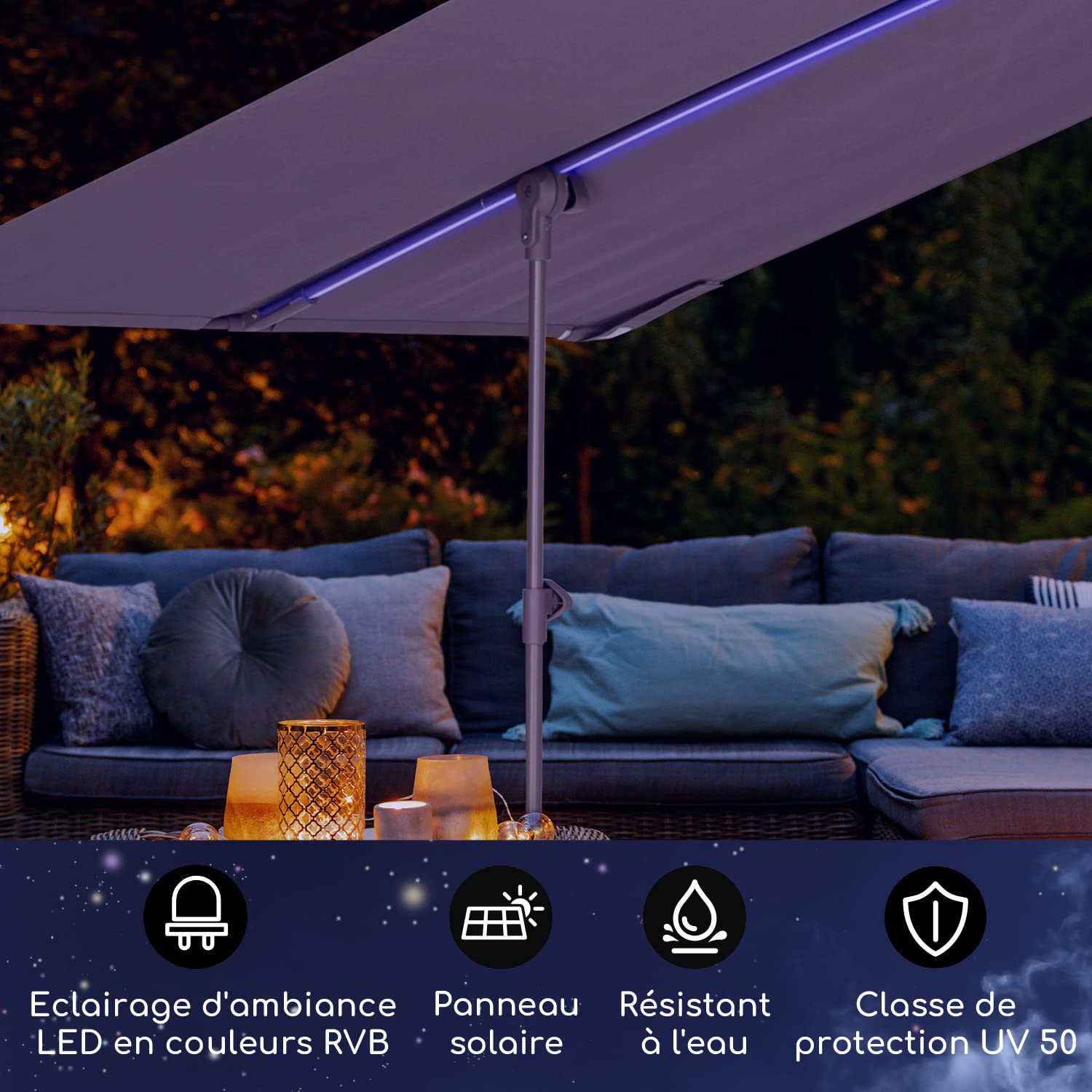 blumfeldt Parasol Flex Garden, 180x130 cm Parasol de Jardin Exterieur et Balcon, Panneaux Solaires, Lumières LED Contrôle WiFi, Protection UV, Etanche, Parasol Deporte Réglables Hauteur, Angle-Base