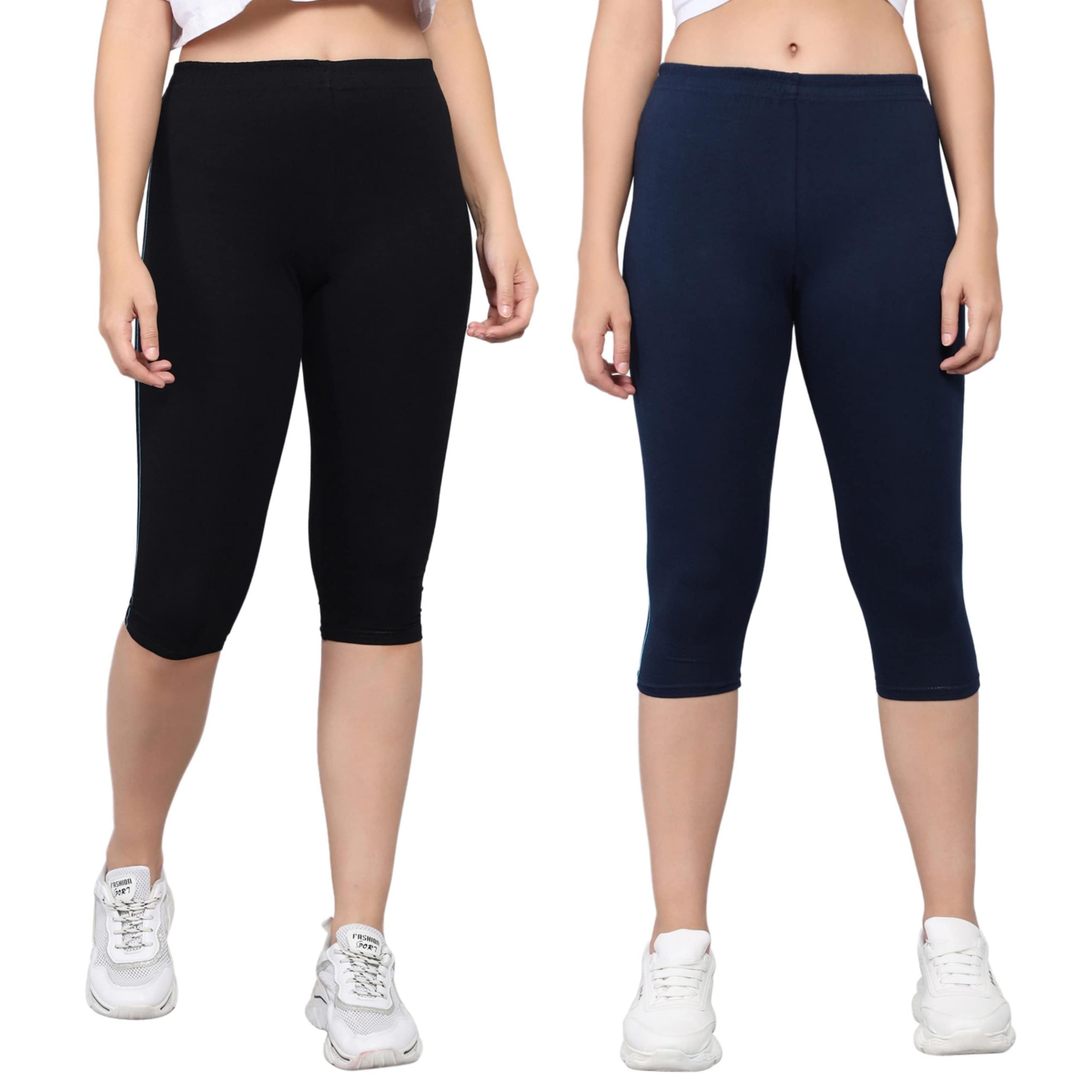 Pinkshell Plain Calf Length Capri Combo for Women - Active Workout Running Cotton Lycra Slim Fit Three Fourth Pants-image-4