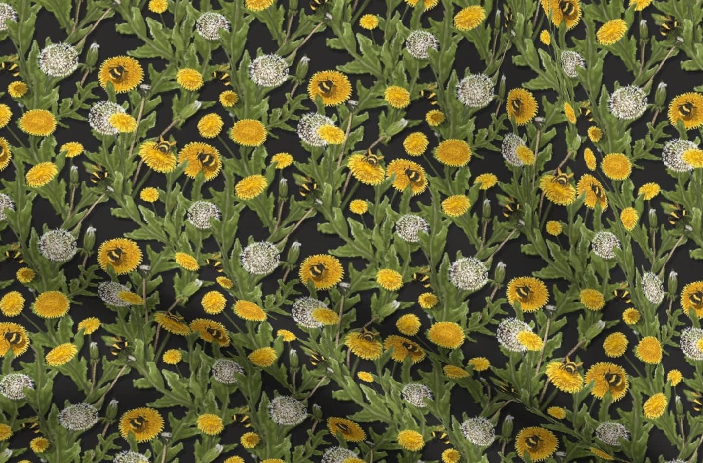 Spoonflower Fabric - Dandelions Black Bees Flower Yellow Floral Garden Dandelion Printed on Minky Fabric by The Yard - Sewing Baby Blankets Quilt Backing Plush