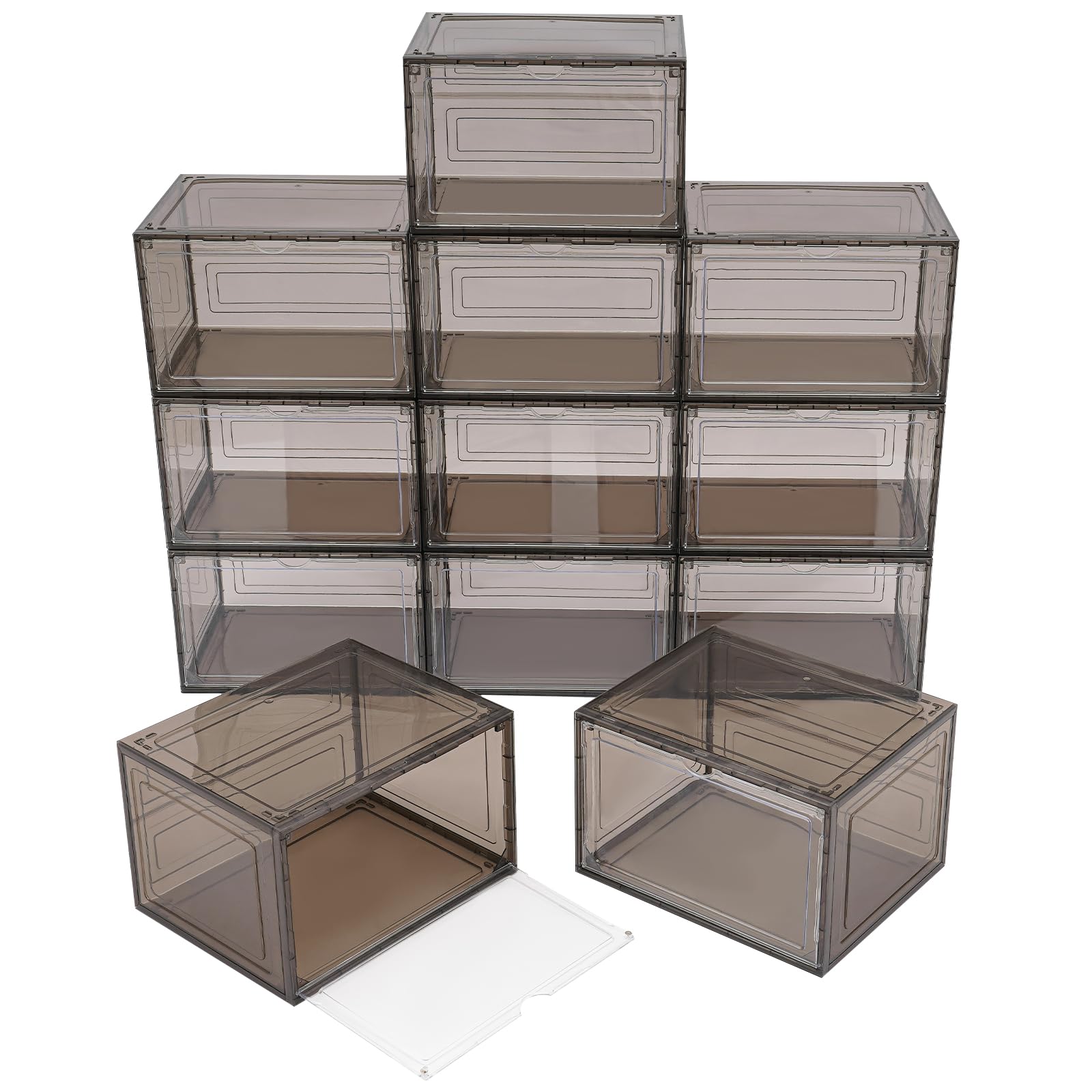 Lot de 12 boîtes à chaussures empilables - Boîtes à chaussures magnétiques empilables pour armoires, chambre à coucher, portes d'entrée - Noir/marron - 39 x 25 x 20,66 cm