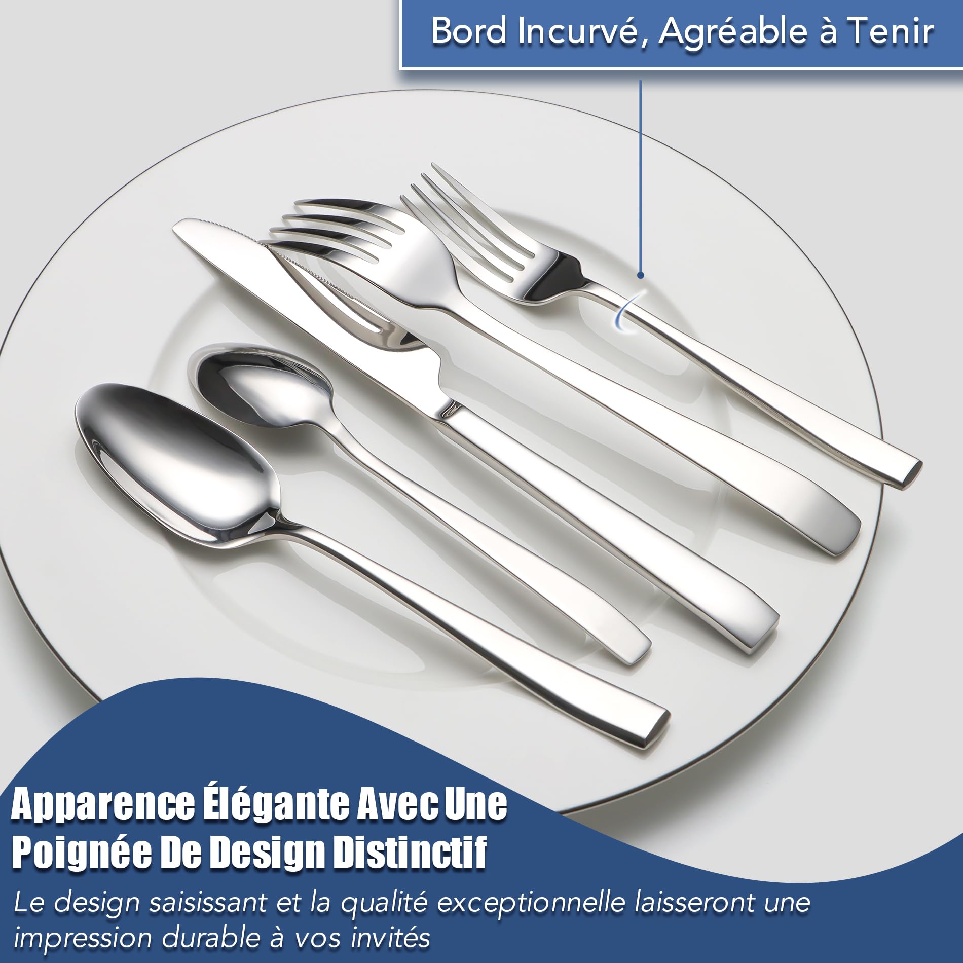 Lot de 20 couverts pour 4 personnes en acier inoxydable de qualité supérieure avec poignées uniques, couverts modernes polis miroir, passent au lave-vaisselle, avec couteau, fourchette