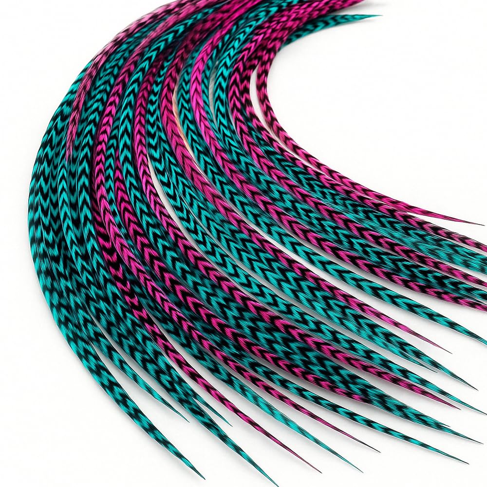 25 Feather Hair Extension Kit, 7"–13" – 100% Real Rooster Feathers | Heat-Styleable, Long Natural Hair Extensions with 25 Silicone Beads & Loop Tool – Sexy Sparkles (Natural Mix)