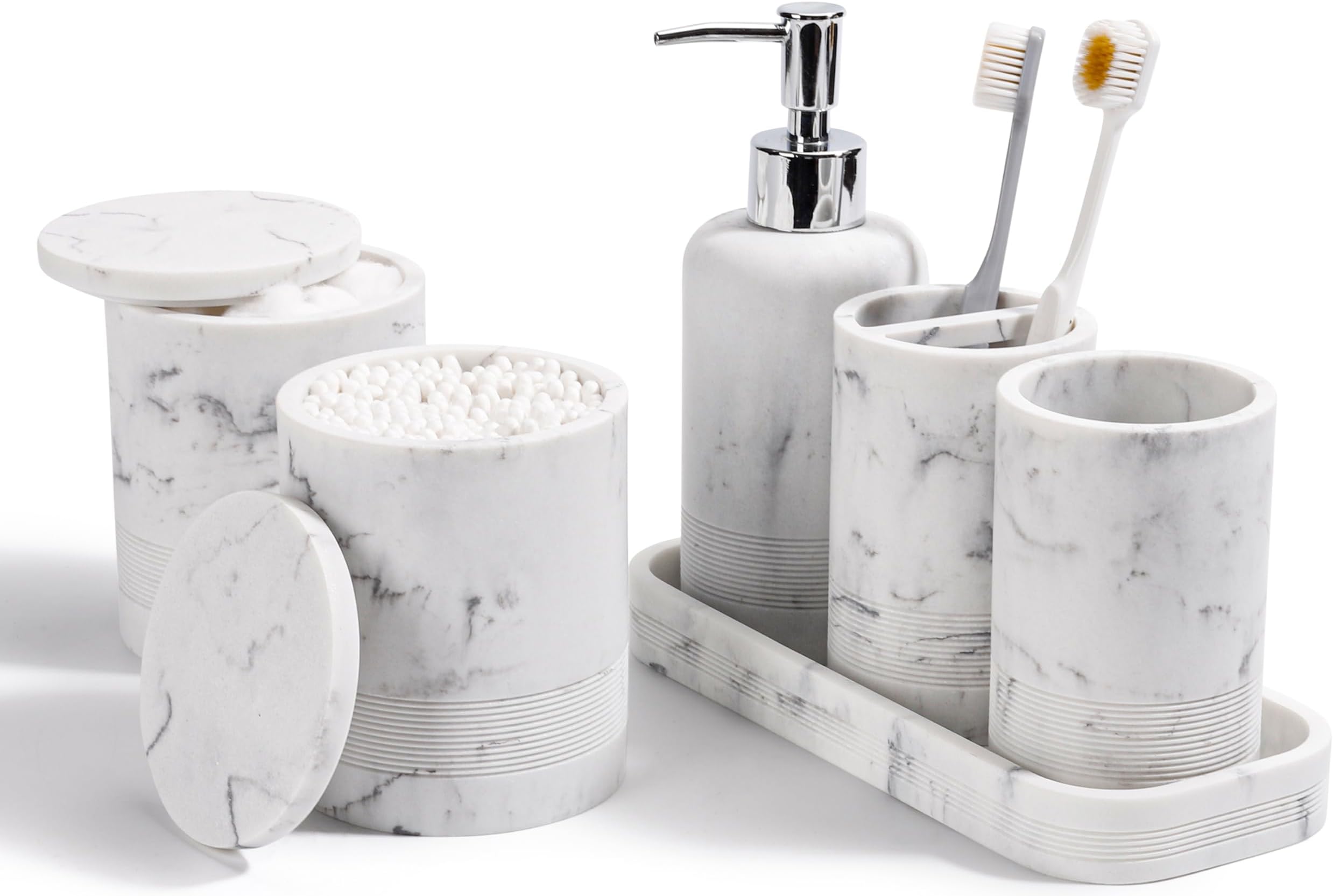 Bathroom Accessories Set, 6-Piece Bathroom Accessory Set, Toothbrush Holders Set, Soap Dispenser, Vanity Tray, Tumbler, Cotton Swab Jars, Bathroom Organizer for Modern Bathrooms (Marble White)