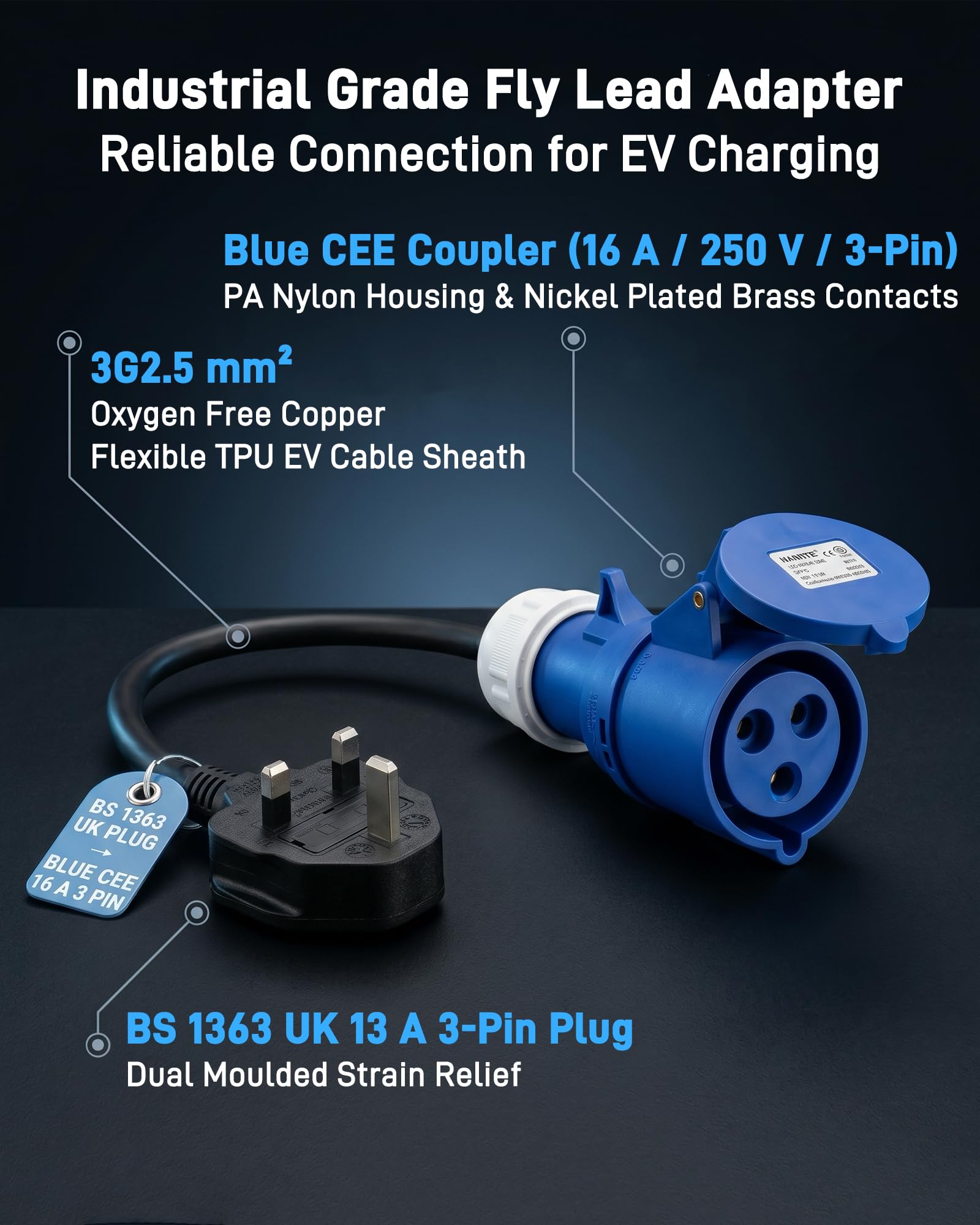 CEE-Adapter (UK-13-A-Stecker auf Blaue CEE-16-A-Kupplung, 3-polig) | CEE-Adapterkabel 3G2,5 mm², 0,5 m / 230 V/max. 13 A | für Mobile Wallbox, EV-Ladegerät, Camping und Caravan