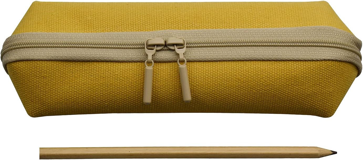 Canvas Stationery Stylish Small Pencil Pouch and Slim Pencil Case with 2 Zippers 1 Pack Yellow