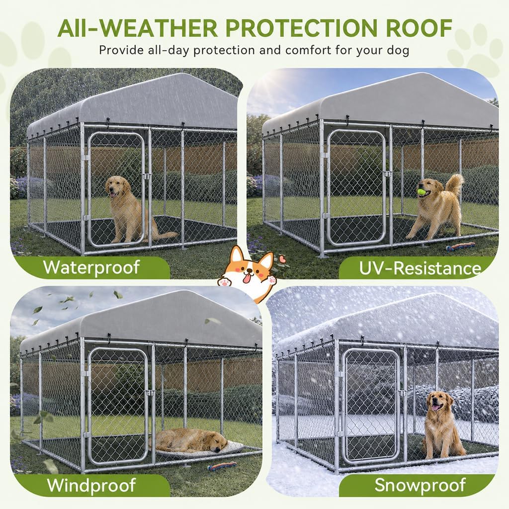 Four images showing the dog kennel with its roof providing waterproof, UV-resistant, windproof, and snowproof protection.